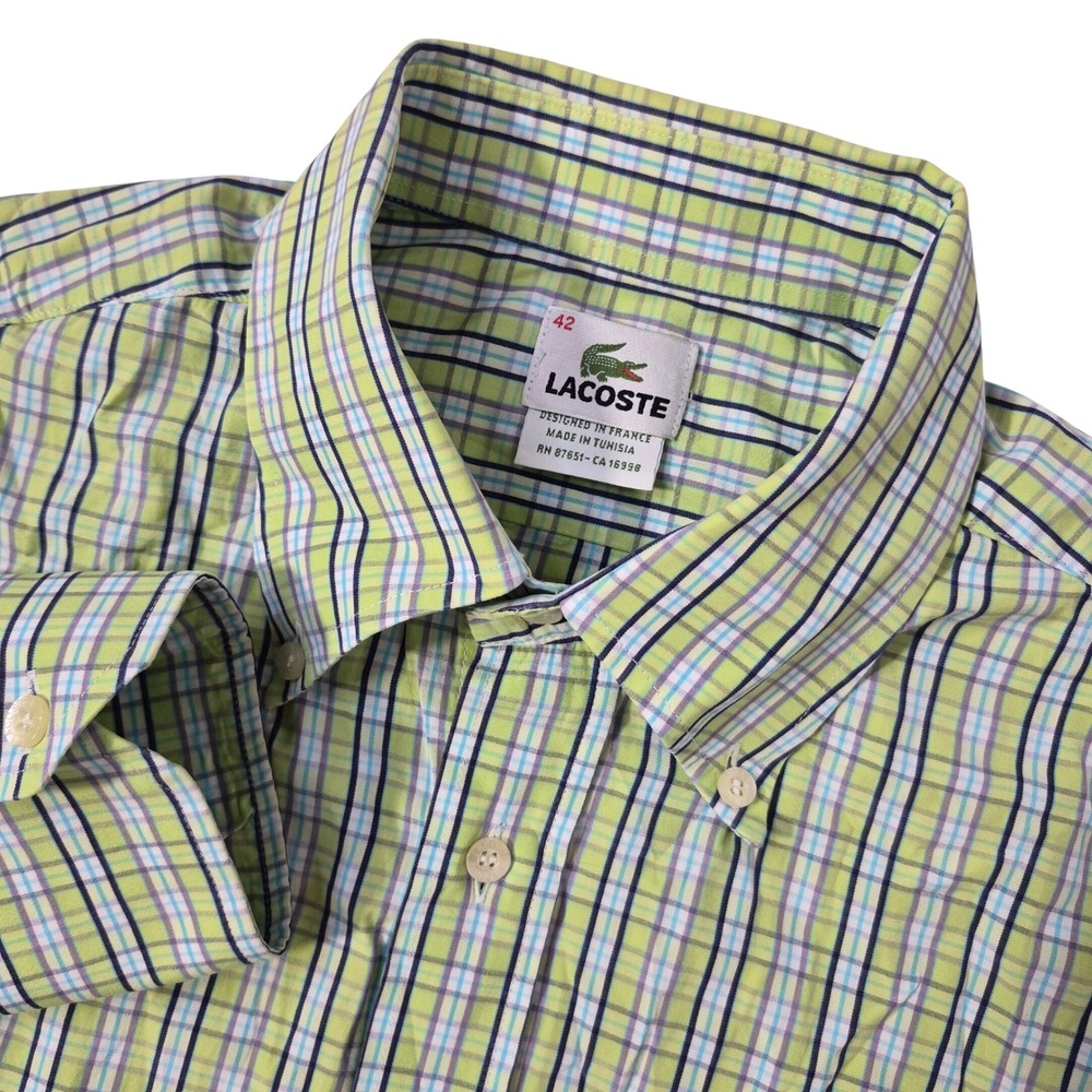 Lacoste Button Down Shirt Mens 42 US Large Green Plaid Cotton Preppy Heritage